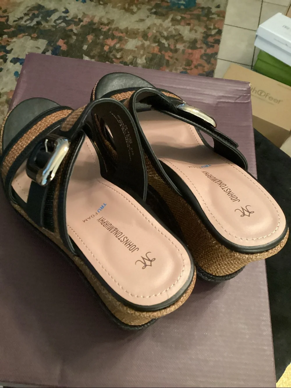 Johnston & Murphy Brown Woven Leather-Trim Platform Sandals